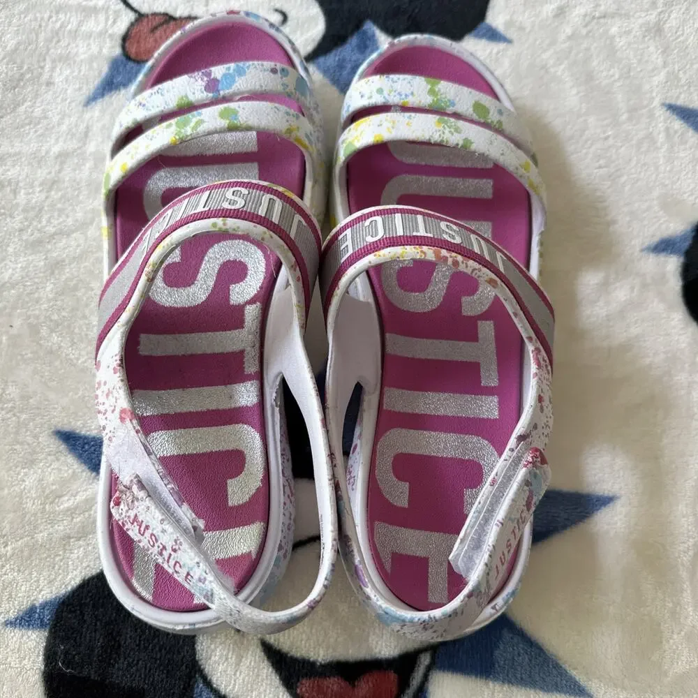 JUSTICE GIRLS WHITE RUBBER CASUAL OPEN TOE SANDALS SHOES SIZE 5 ADJUSTABLE POOL